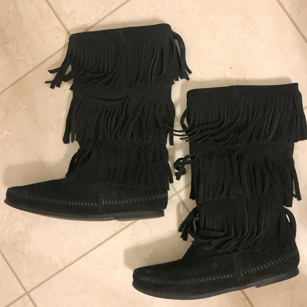 Minnetonka Black Triple Fringe Suede Boot - Picture 3 of 5